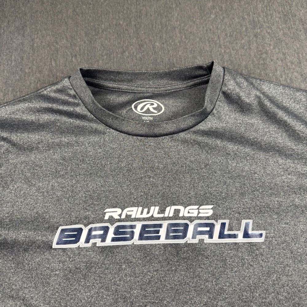 Rawlings Baseball Shirt Mens Youth XL Gray Navy‎ Blue 3/4 Sleeve Athletic Tee